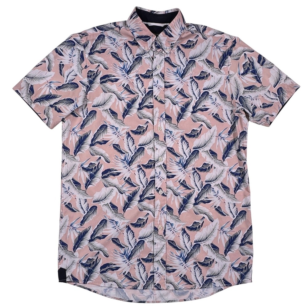 Fried Denim NYC Mens Slim Fit Tropical Leaf Print Short Sleeve Button Down Shirt